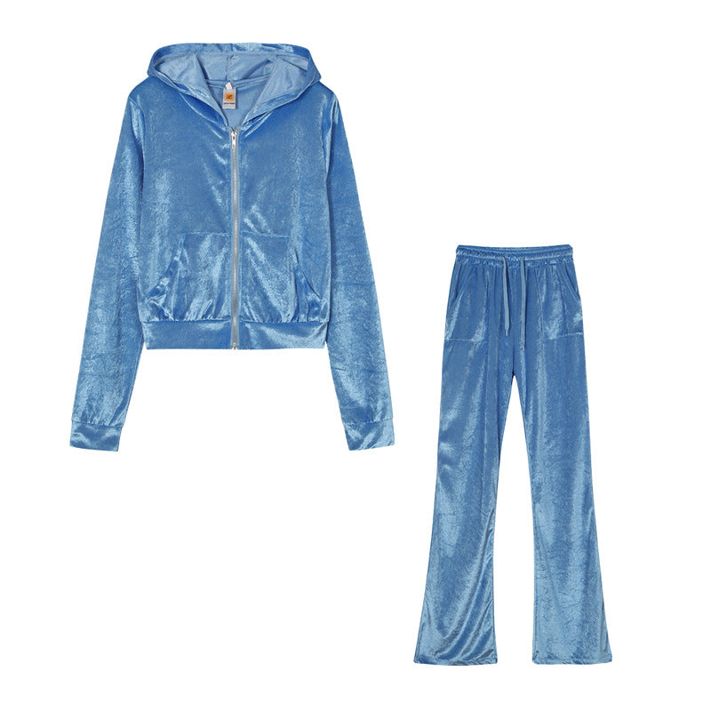 Damen Sportliches Set aus samtiger Kapuzenjacke und weiten Jogginghosen Drune