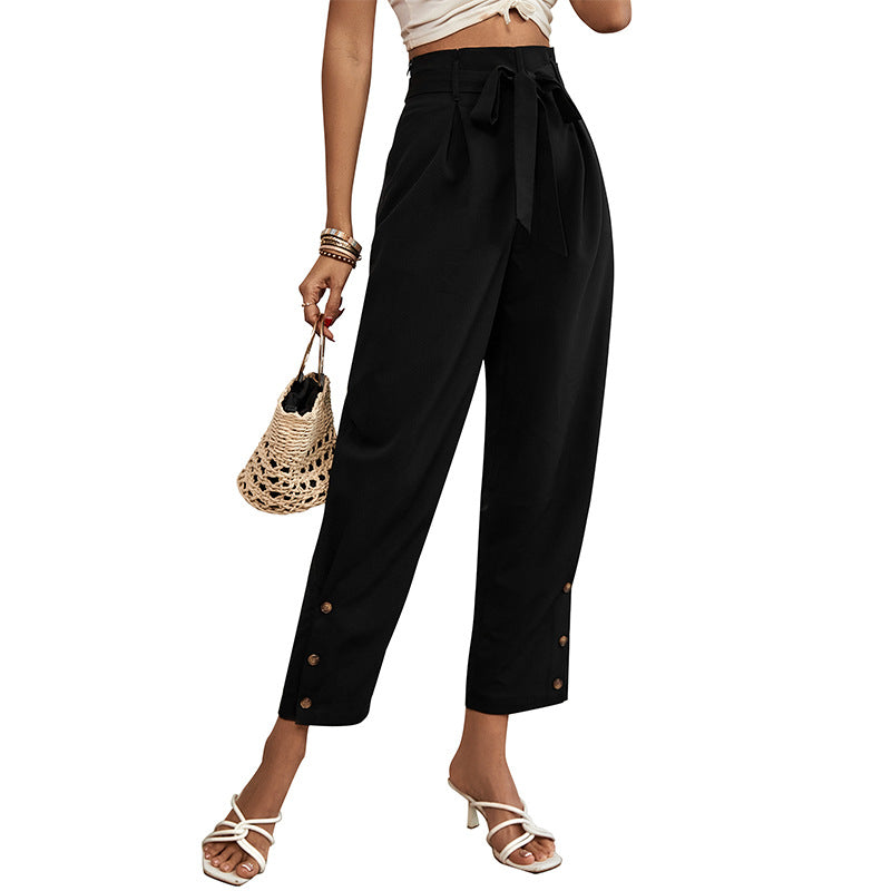 Damen Hochtaillierte Paperbag-Hose mit Bindegürtel, tapered Bein und Zierknopfleiste Drune