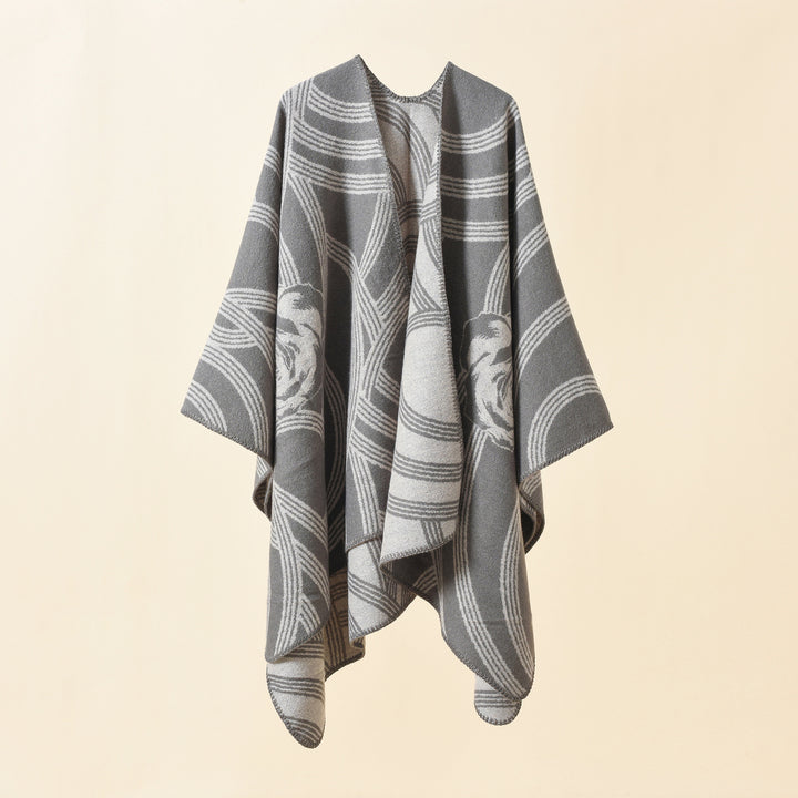 Damen Reversfreier Jacquard-Umhang im kastigen Oversize mit abstraktem Medaillonmuster Drune