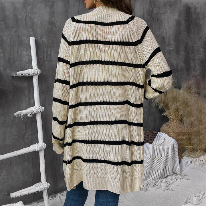 Damen Langer gestreifter Grobstrick-Cardigan mit Knopfleiste, Rippbündchen und Oversize-Silhouette Drune