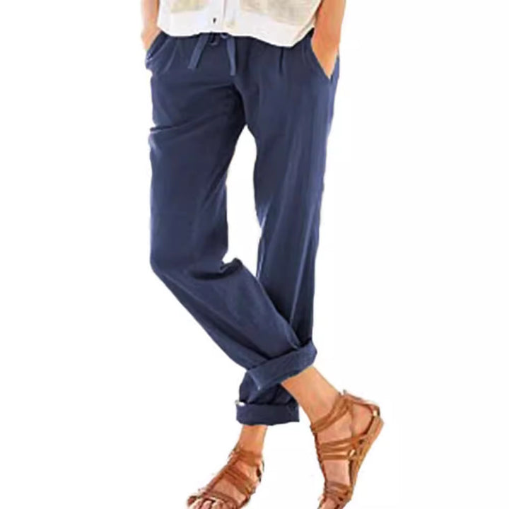 Damen bequeme Leinenhose mit elastischem Bund und seitlichen Taschen Drune