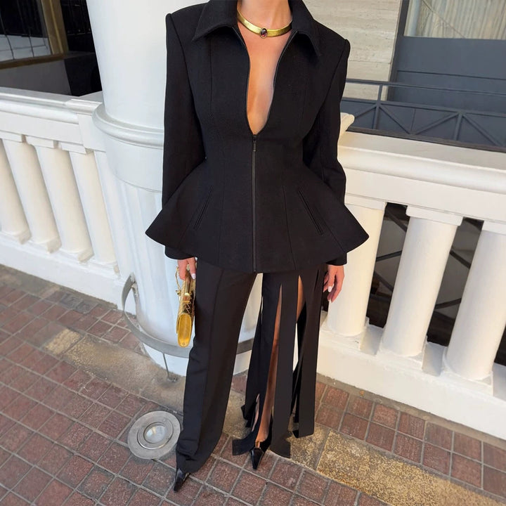 Damen taillierter Zip-Blazer mit Schößchen & strukturierter Schulter Drune