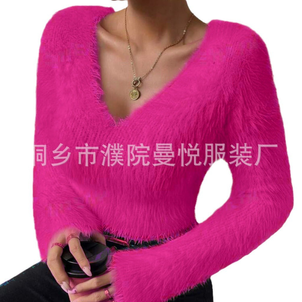 Damen Flauschiger Crop-Pullover mit V-Ausschnitt und Eyelash-Struktur Drune