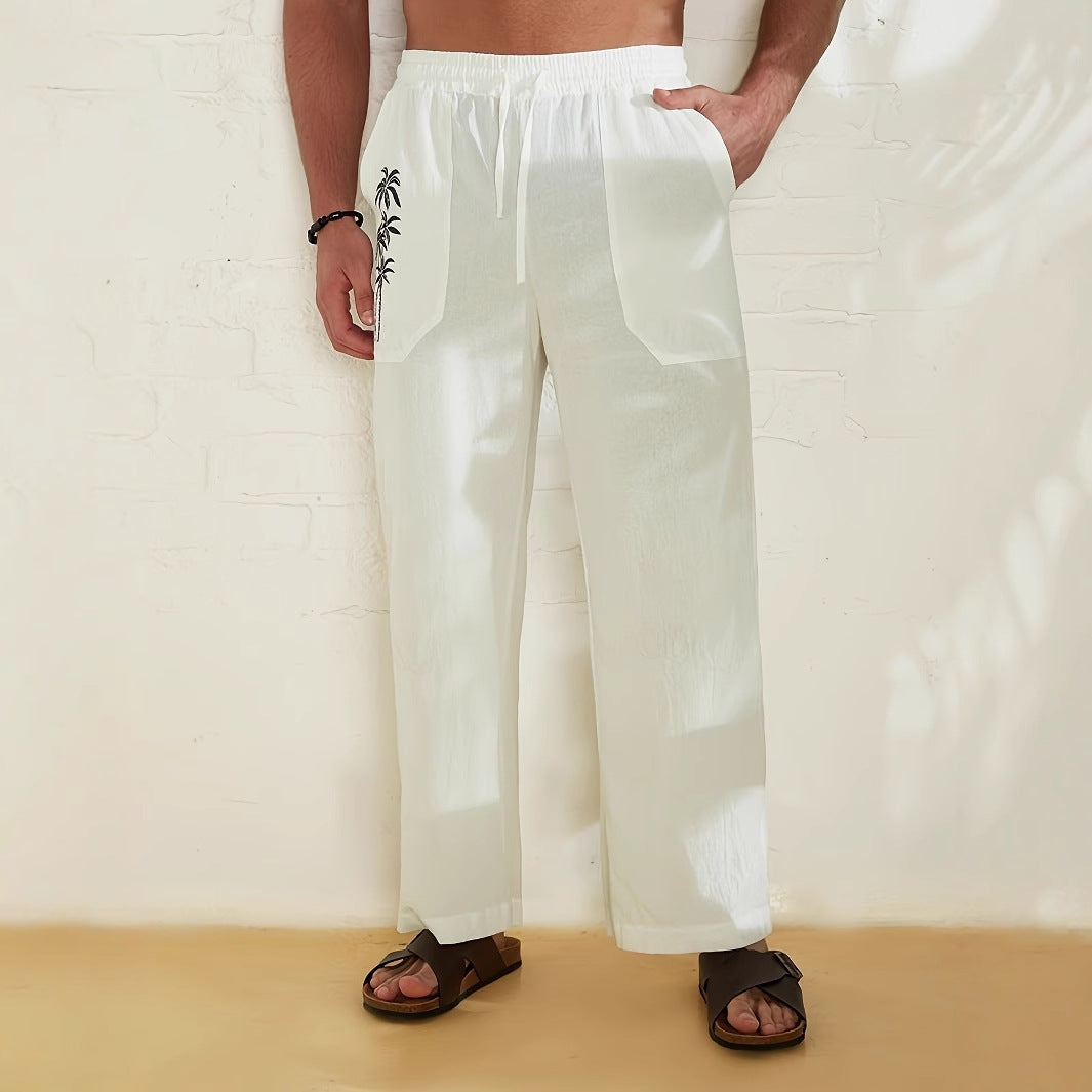 Herren Leichte Leinen-Loungehose mit weitem Bein, Kordelzug und aufgesetzten Taschen Drune