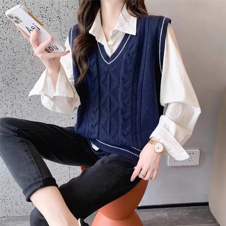 Damen Strickpullover mit V-Ausschnitt und geometrischem Zopfmuster Drune