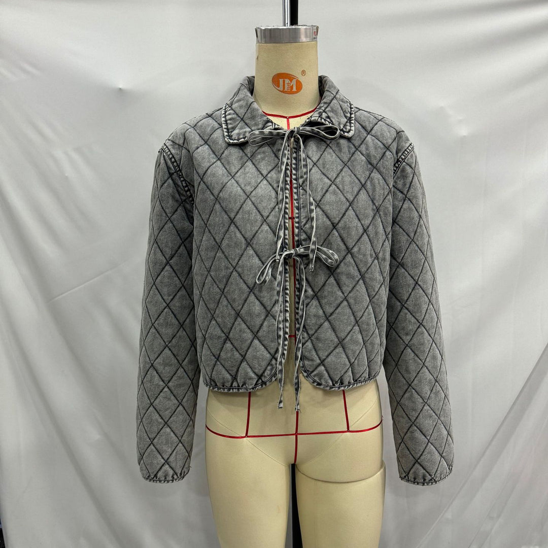 Damen nan kastige gesteppte Denim‑Optik Kurzjacke mit Rautenmuster und Bindebändern Drune