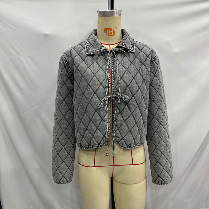 Damen nan kastige gesteppte Denim‑Optik Kurzjacke mit Rautenmuster und Bindebändern Drune