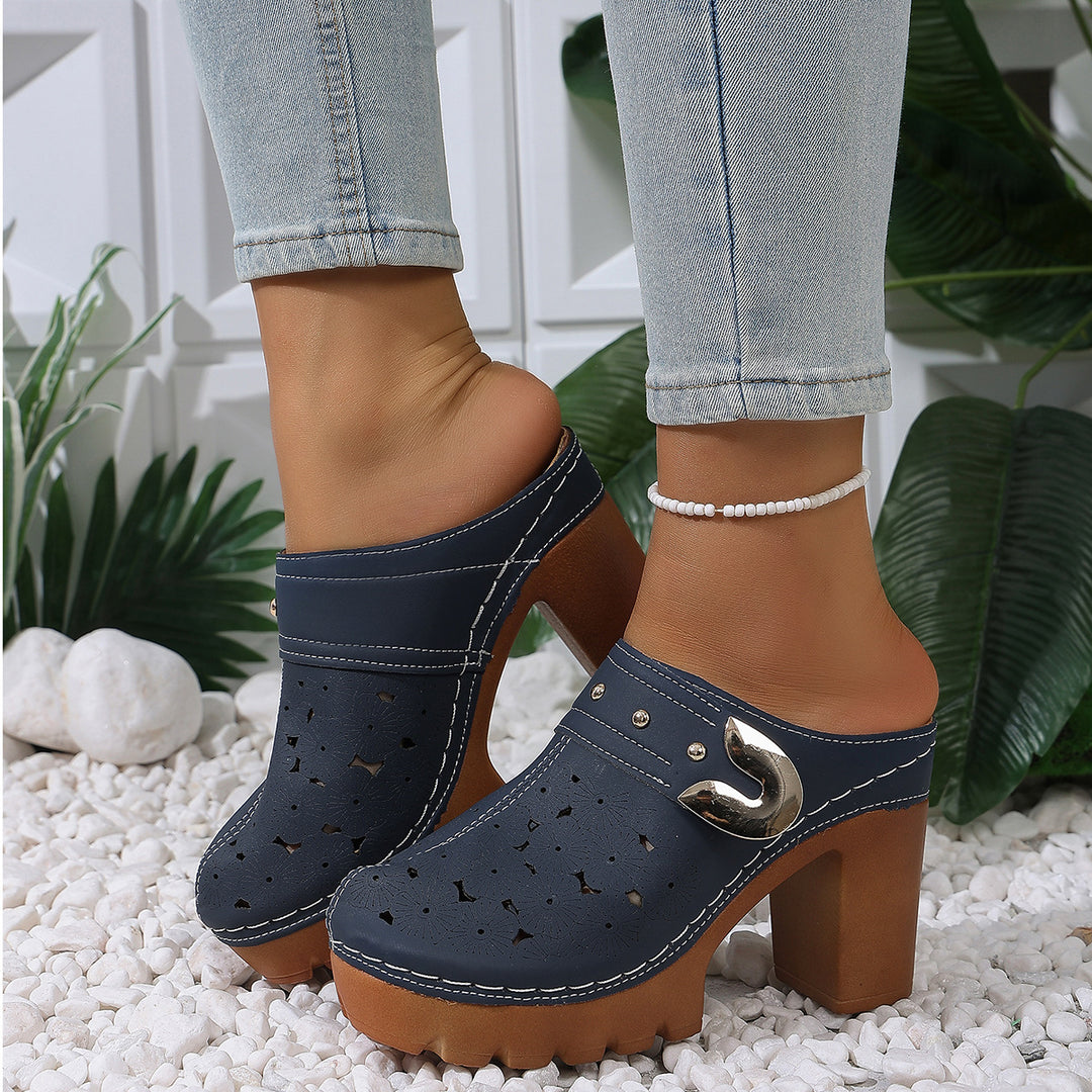 Damen Plateau-Clogs mit floralem Perforationsmuster, dekorativer Metallschnalle und hohem Blockabsatz Drune
