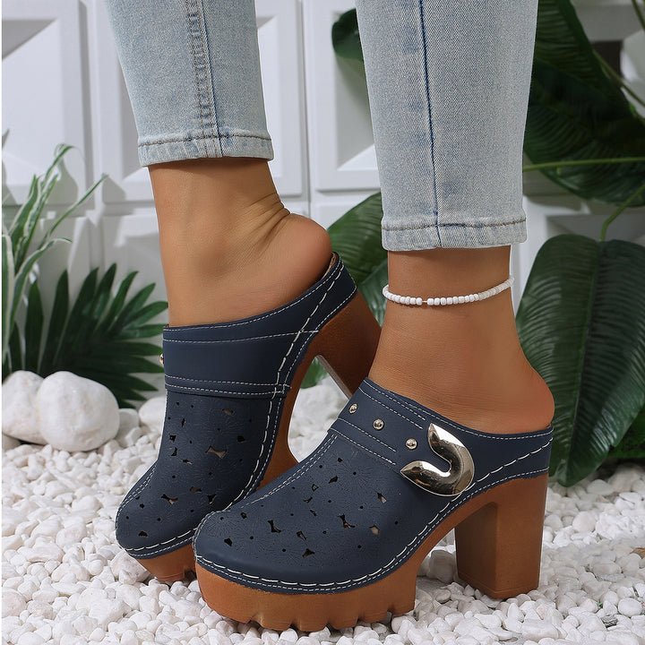 Damen Plateau-Clogs mit floralem Perforationsmuster, dekorativer Metallschnalle und hohem Blockabsatz Drune