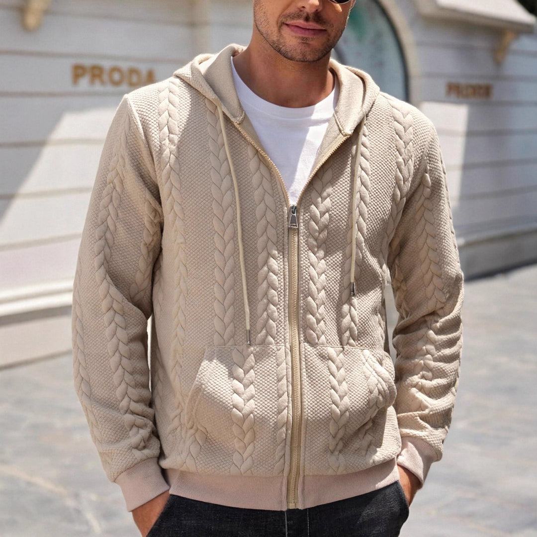 Herren strukturierte Kapuzen-Sweatjacke mit Zopfmuster, durchgehendem Reißverschluss und Kängurutasche Drune