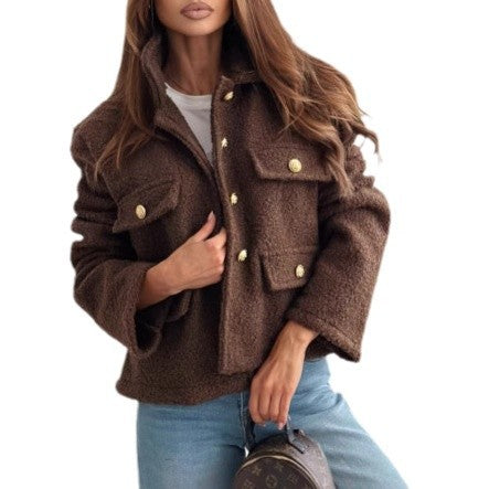Damen Fluffige Fleecejacke mit dekorativen Taschen und goldenen Knöpfen Drune