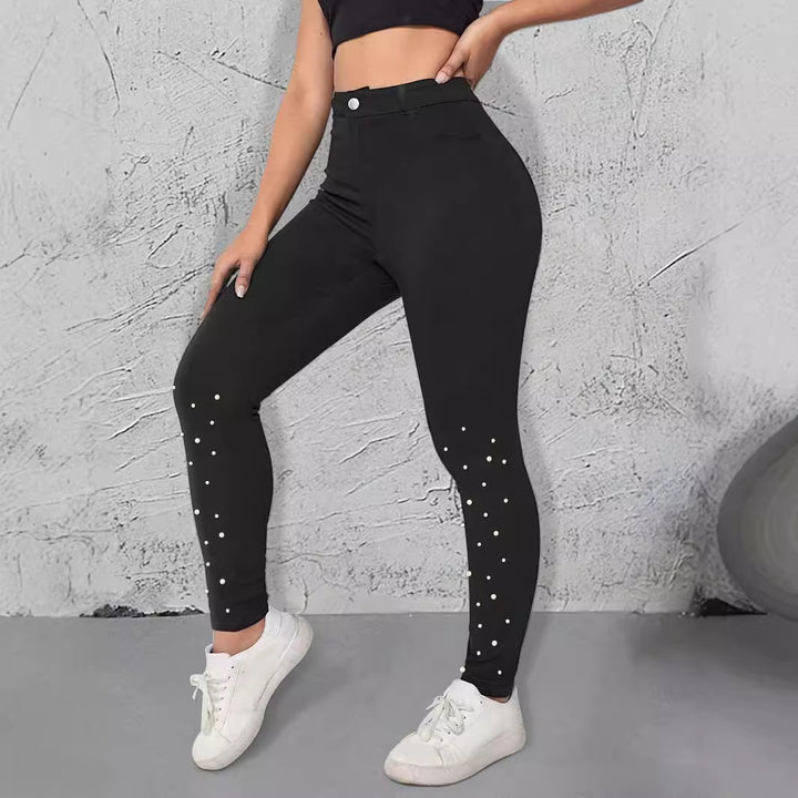 Damen High-Waist Stretch-Jeggings im Denim‑Look mit Perlen-Scatter Drune