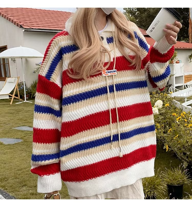 Herren lässige Strickjacke mit stylischem Kragen und kontrastierenden Streifen Drune