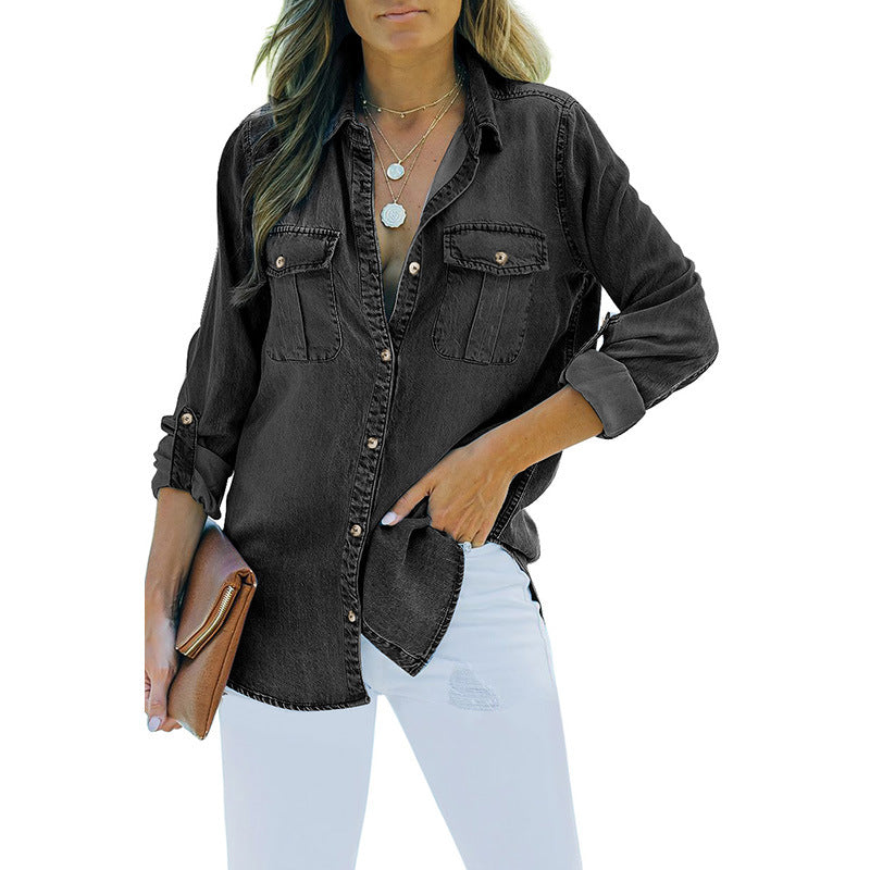 Damen Denim-Hemdbluse mit praktischen Brusttaschen und klassischem Schnitt Drune