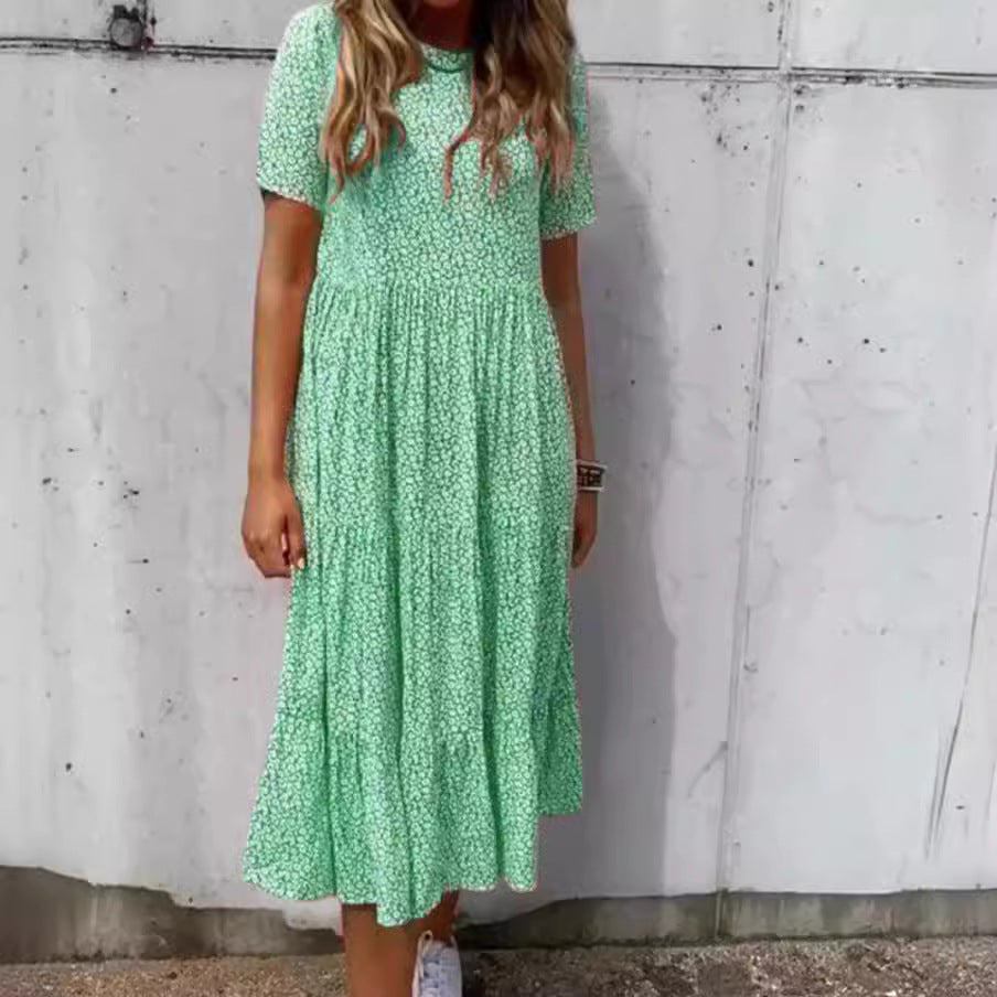 Damen nan leichtes Midikleid mit geraffter Taillenpartie, kurzen Ärmeln und mehrlagigem Stufenrock Drune