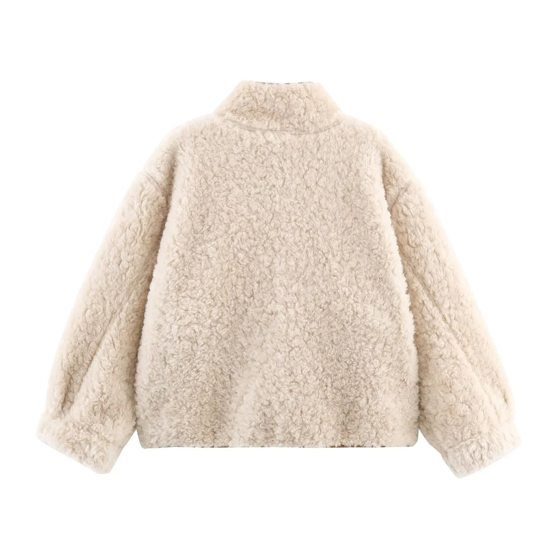 Damen nan kurze Oversize Lammfelloptik Jacke mit Schalkragen und großen aufgesetzten Taschen Drune