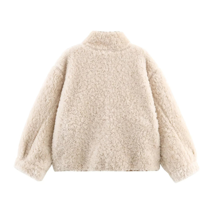 Damen nan kurze Oversize Lammfelloptik Jacke mit Schalkragen und großen aufgesetzten Taschen Drune