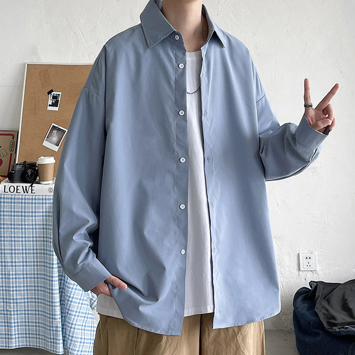 Herren nan leichtes Overshirt-Hemdjacke aus Baumwollmix mit verdeckter Knopfleiste, überschnittener Schulter und abgerundetem Saum Drune
