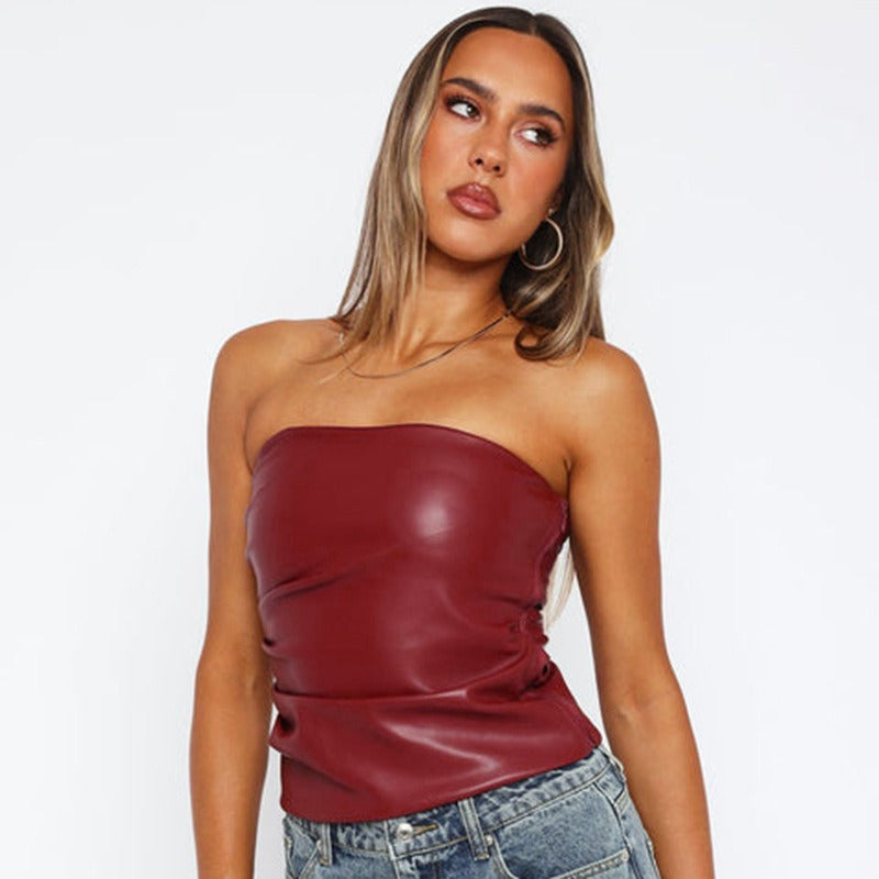 Damen Bandeau-Oberteil aus hochwertigem Kunstleder mit raffinierten Rüschendetails Drune