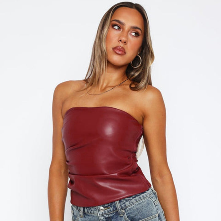 Damen Bandeau-Oberteil aus hochwertigem Kunstleder mit raffinierten Rüschendetails Drune
