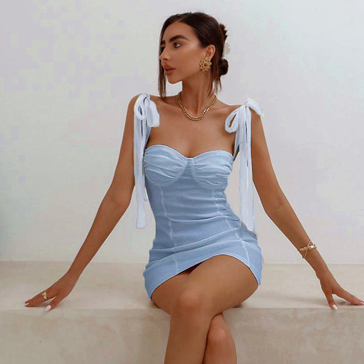 Damen Figurbetontes Minikleid mit trägerloser Bustier-Optik und charmanten Schleifen Drune
