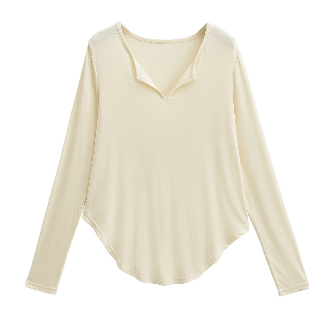 Damen lässiges Longsleeve-Oberteil mit V-Ausschnitt und geschwungenem Saum Drune