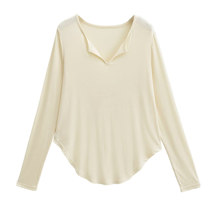 Damen lässiges Longsleeve-Oberteil mit V-Ausschnitt und geschwungenem Saum Drune