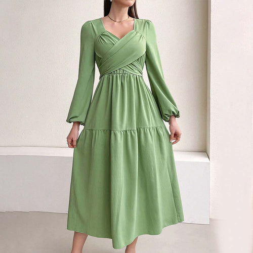 Damen langärmeliges Midikleid mit überkreuztem Drapé-Bustier, elastischer Unterbrustnaht und zweistufigem Stufenrock Drune