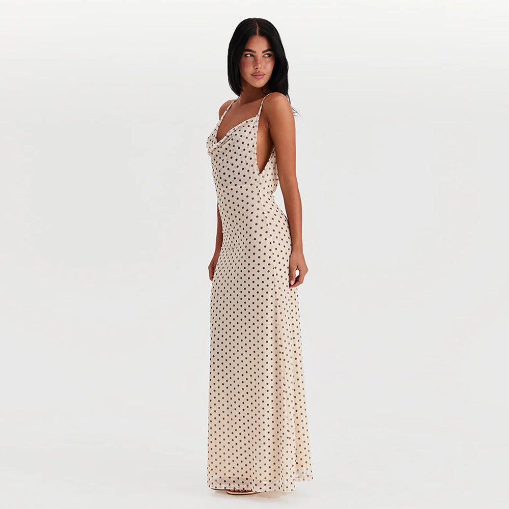 Damen Maxikleid mit elegantem Wasserfallausschnitt und Punktedesign Drune
