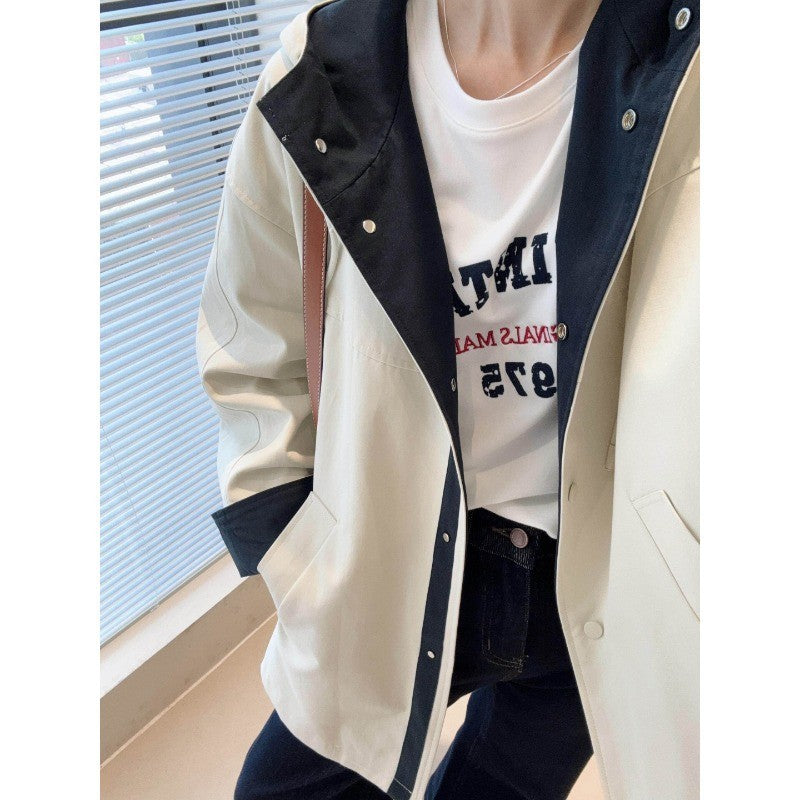 Unisex Oversized utilitarischer Trenchcoat mit kontrastiertem Innenfutter und Kapuze Drune