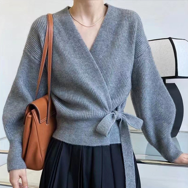 Damen Wickeljacke mit breiten Ärmeln und Taillenknoten Drune