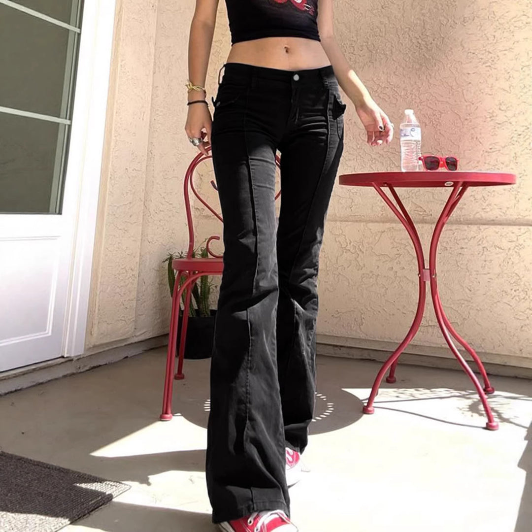 Damen High‑Waist Schlaghose mit Ziernaht und Klappentaschen Drune