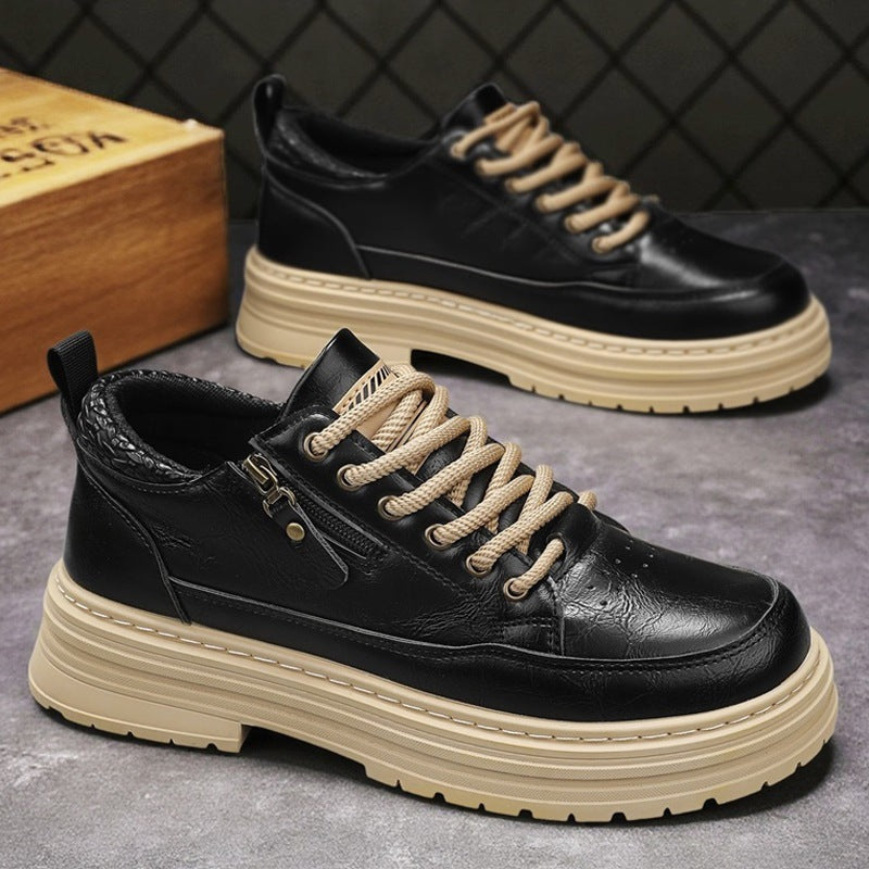 Herren robuste Lederoptik Plateau-Sneaker mit seitlichem Reißverschluss, gepolstertem Knöchelkragen und griffiger Wellenlaufsohle Drune