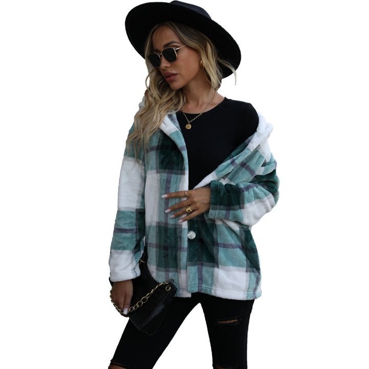 Damen Kuschelige Fleecejacke mit Kapuze und kariertem Design Drune