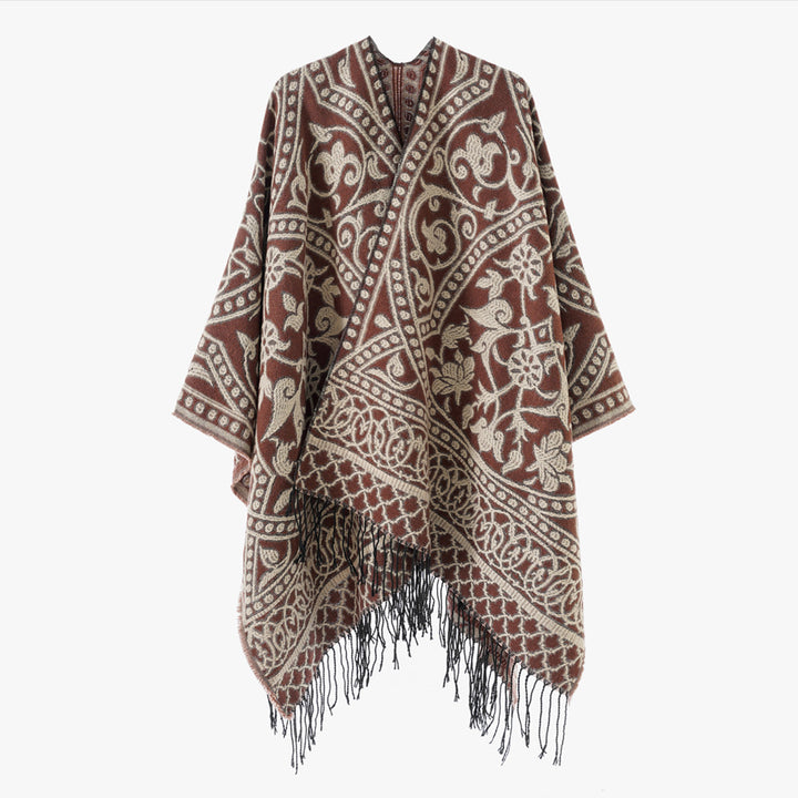 Damen Jacquard-Überwurf mit orientalischem Ornamentmuster und Fransensaum Drune