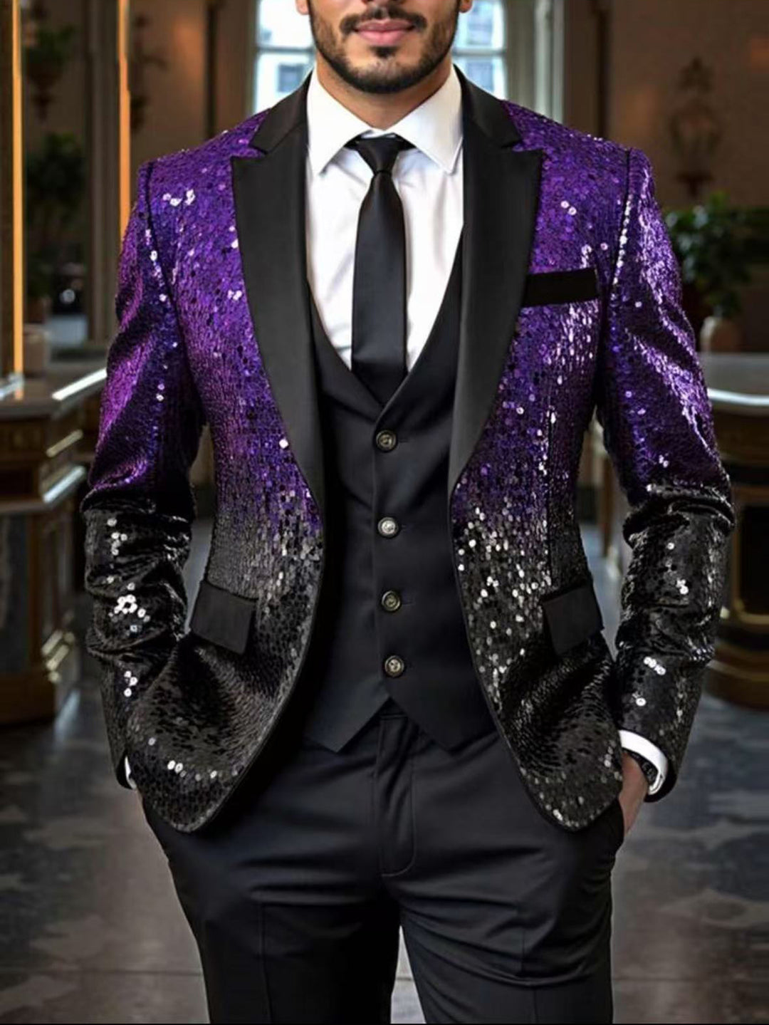 Herren Pailletten‑Sakko mit Satin‑Schalkragen und tailliertem Schnitt Drune