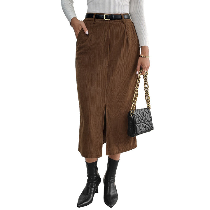 Damen Cord-Midirock mit hohem Bund, Eingrifftaschen und mittigem Schlitz Drune