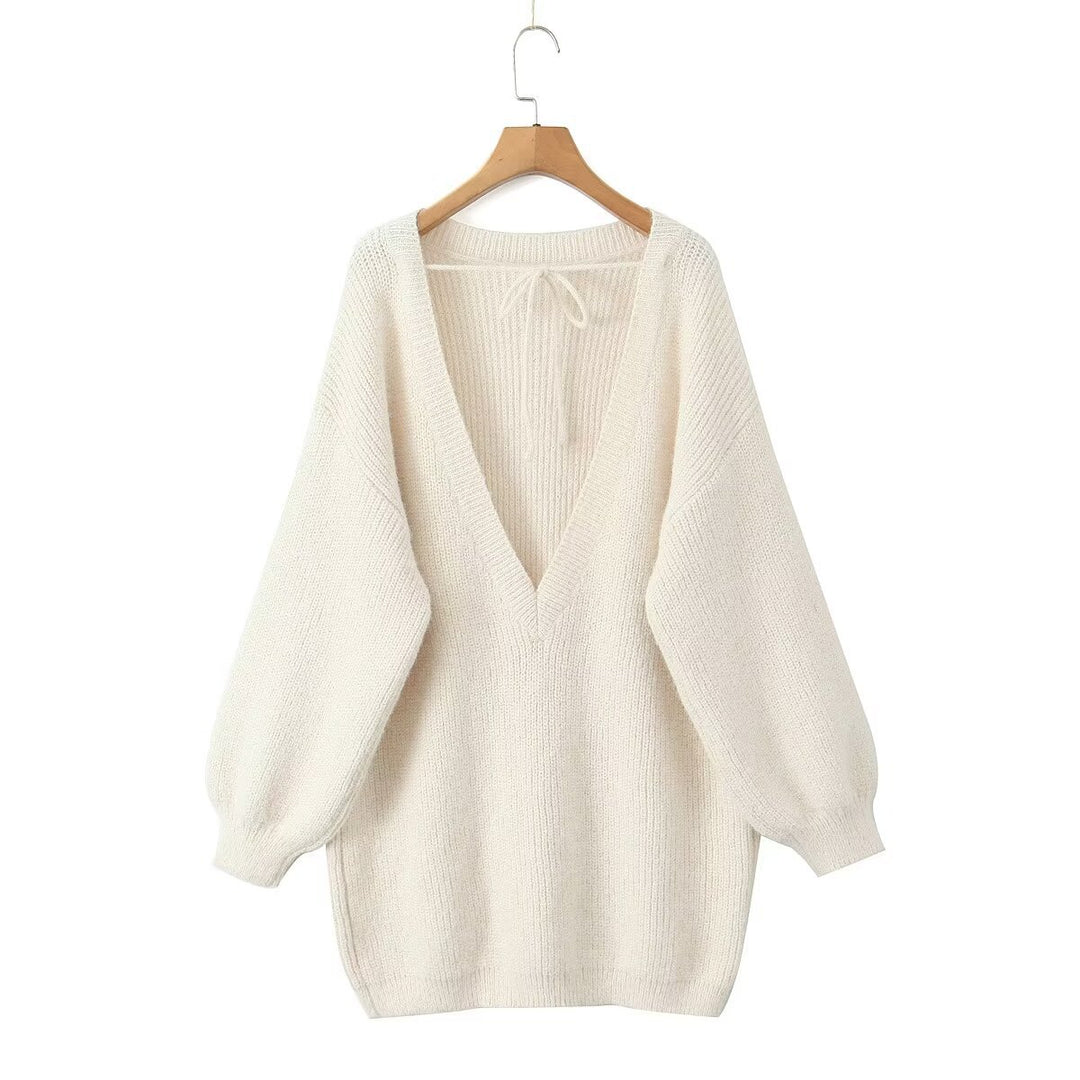 Damen modischer V-Ausschnitt Pullover mit puffärmeligen Details Drune