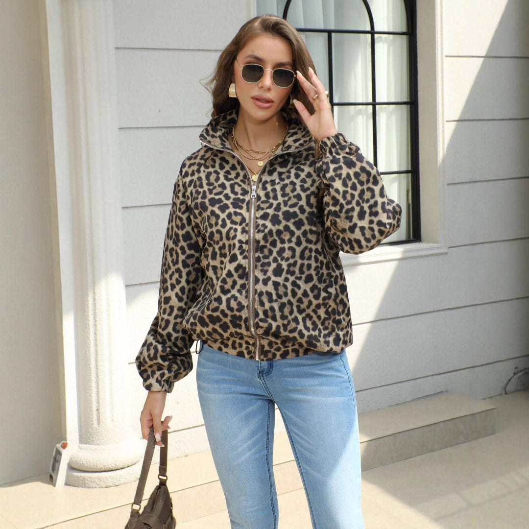Damen Leopard-Print Bomberjacke mit Stehkragen, Reißverschluss und Gummizug Drune