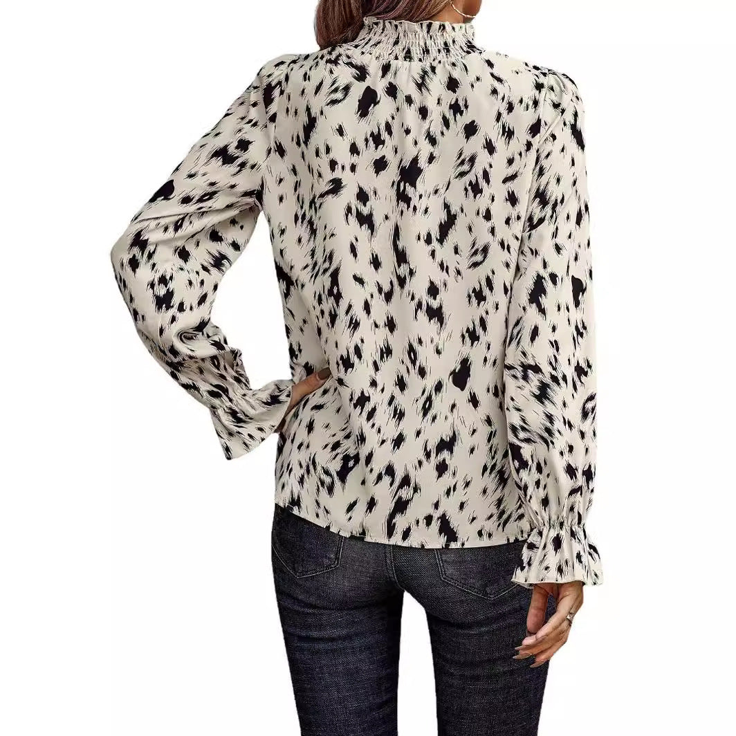 Damen Bluse mit Volantkragen und animalischem Druck Drune
