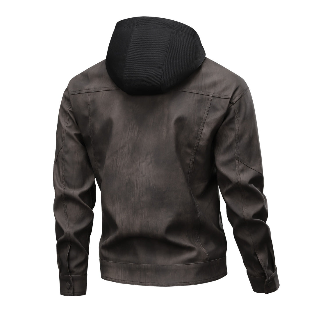 Herren Modische Kunstlederjacke mit Hoodie Drune