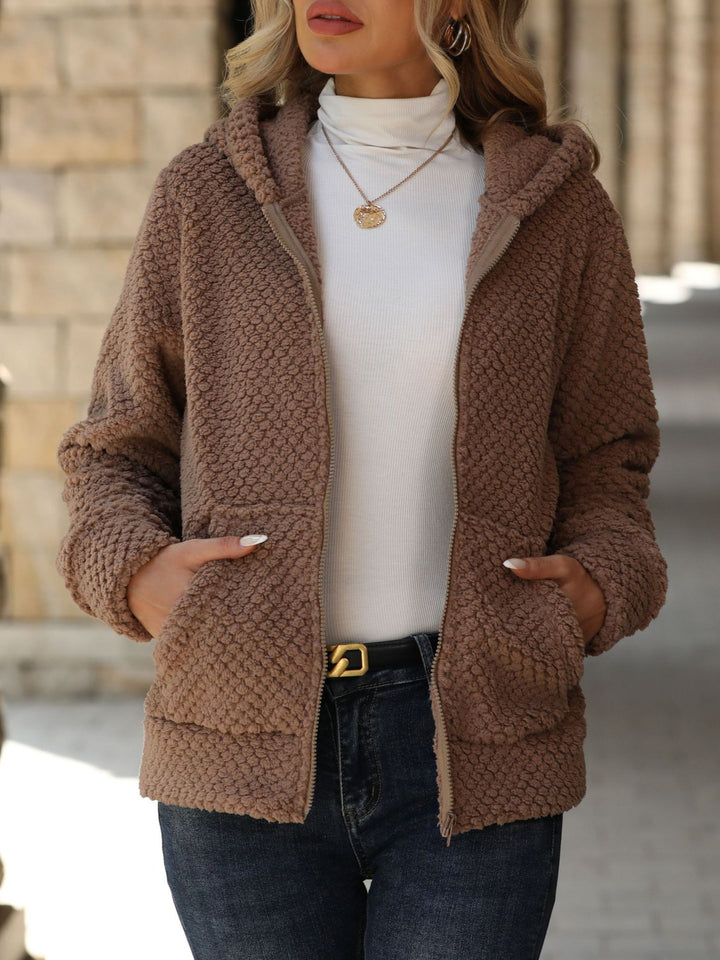 Damen Plüschige Fleecejacke mit Hoodie und Taschen Drune