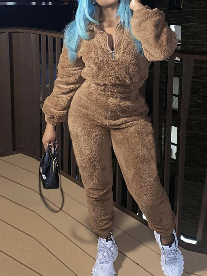 Damen nan kuscheliges Teddy-Lounge-Set mit Halbzip und Highwaist-Jogger Drune
