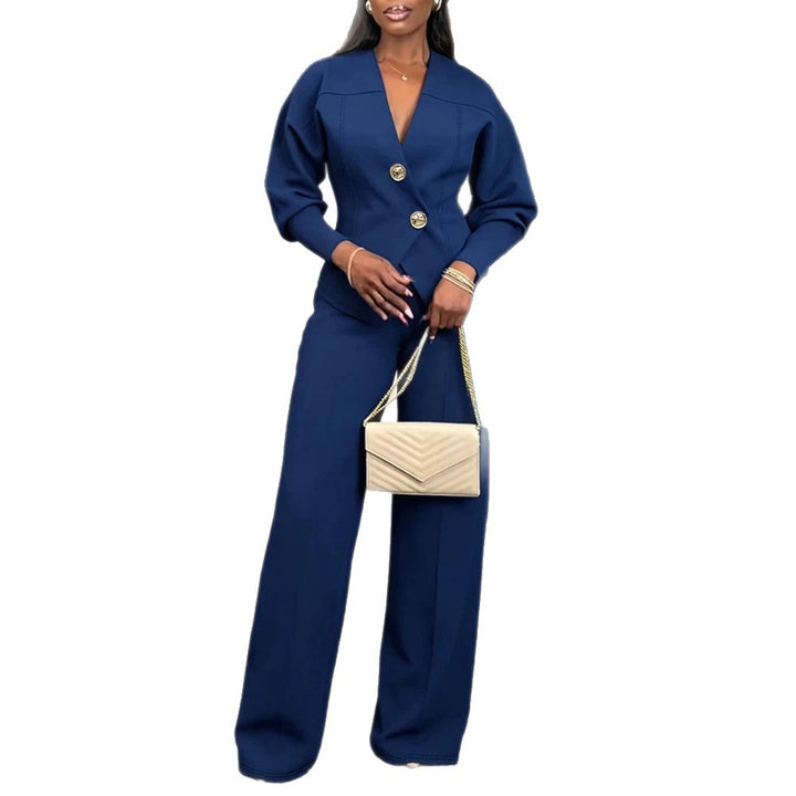 Damen Zweiteiliges tailliertes Blazer‑Hosen‑Set mit goldenen Zierknöpfen und weitem Palazzo-Bein Drune