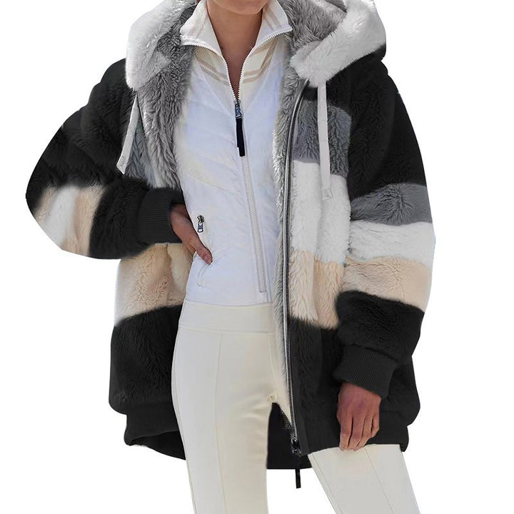 Damen nan kuschelige Oversize Kunstpelzjacke mit Kapuze, Blockstreifen und Rippbündchen Drune