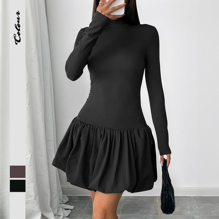 Damen Figurbetontes Minikleid mit Rippenoberteil, Stehkragen und gerafftem Ballonrock Drune