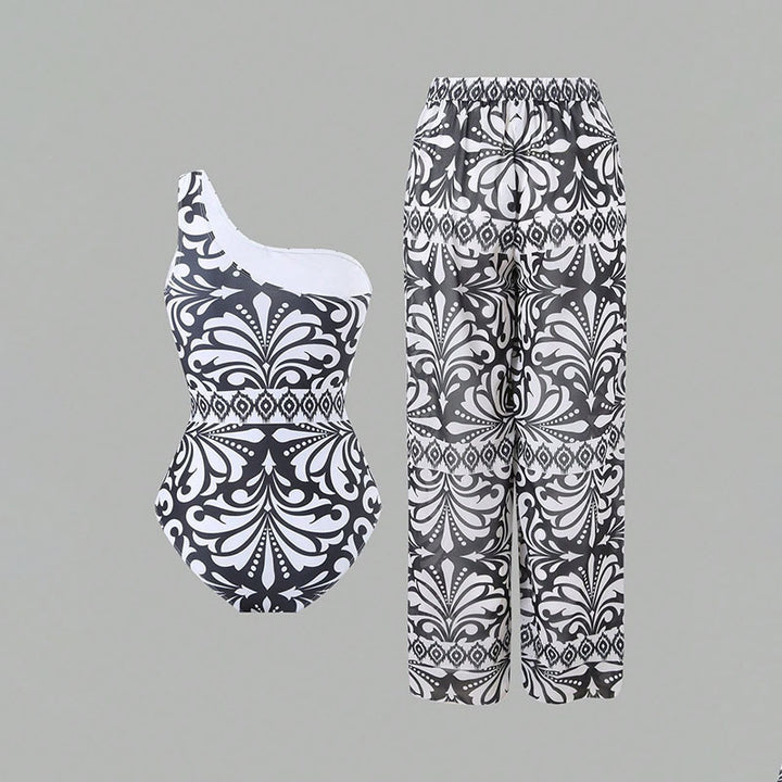 Damen Einteiler Badeanzug mit elegantem asymmetrischen Design und passender Hose Drune