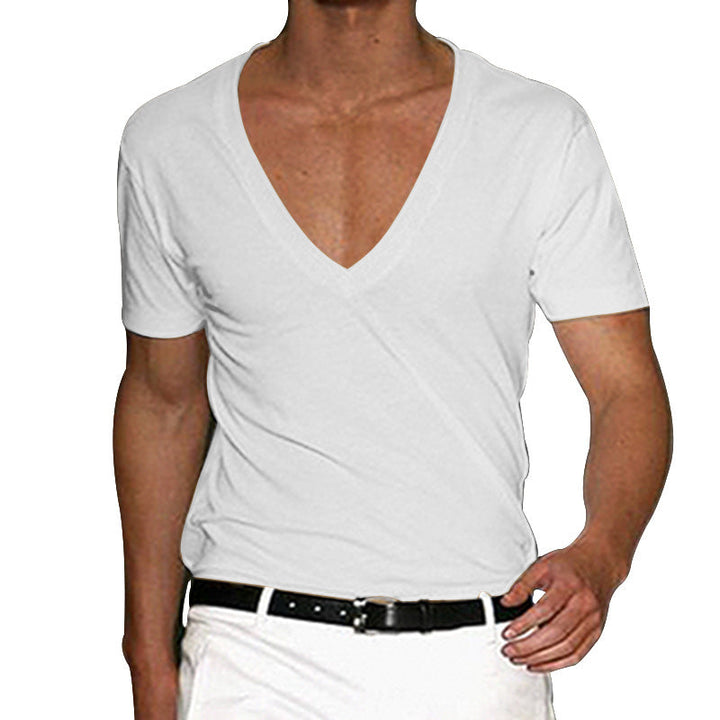 Herren nan tief ausgeschnittenes V-Ausschnitt Kurzarmshirt aus Baumwollstretch mit tailliertem Schnitt Drune