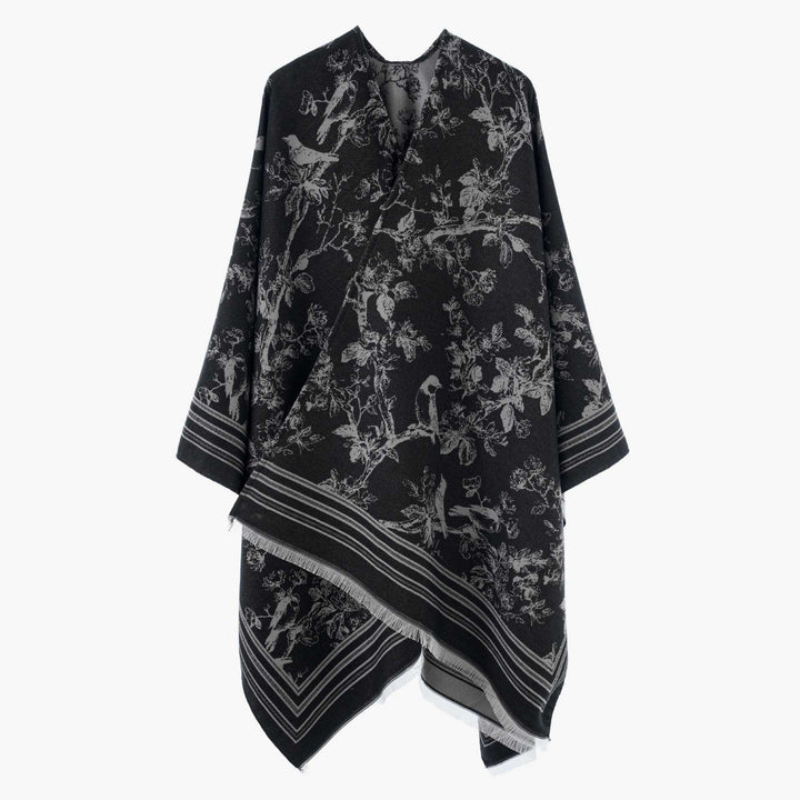 Damen Offener Jacquard‑Kaftanponcho mit Vogel‑ und Blumenmotiv Drune