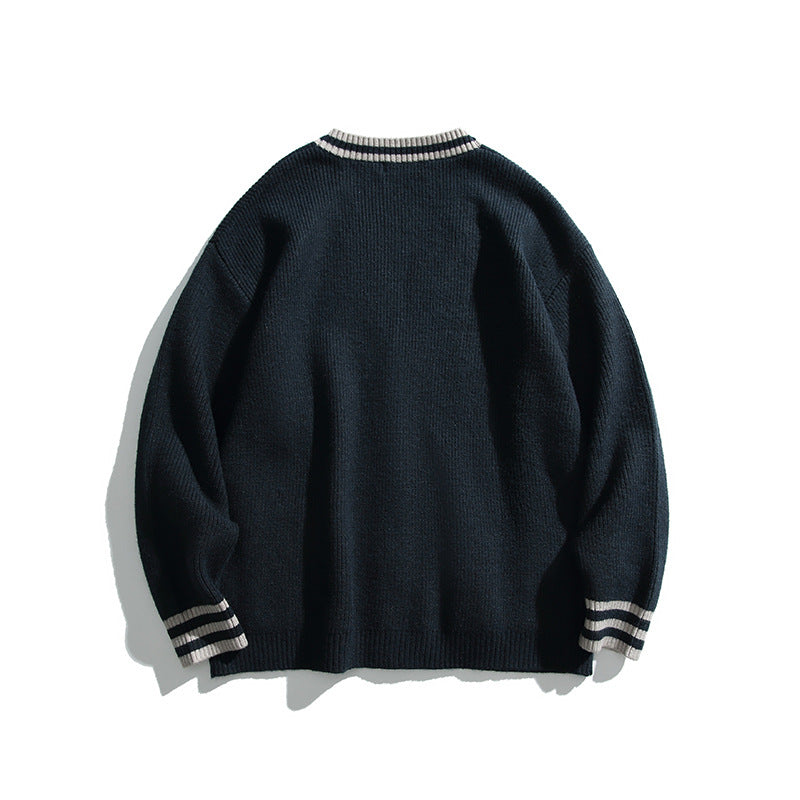 Unisex Oversize-Strickcardigan mit Kontraststreifen, V‑Ausschnitt und aufgesetzten Taschen Drune